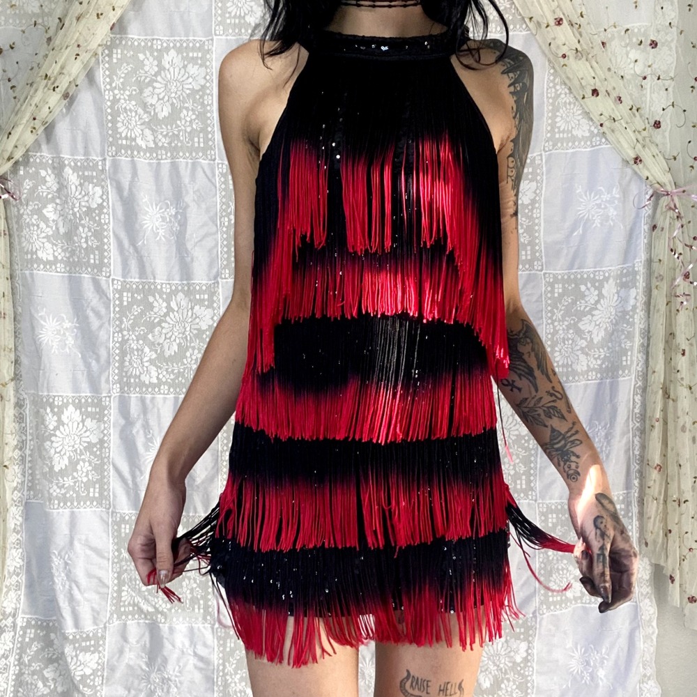 Red Black Ombre Fringe Flapper Dress Sequin Halter Gatsby Latin Dance Sz S/M - Picture 3 of 15